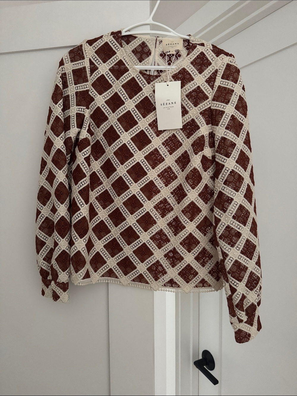 Sezane Brown and Cream Crochet-Pattern Long Sleeve Top